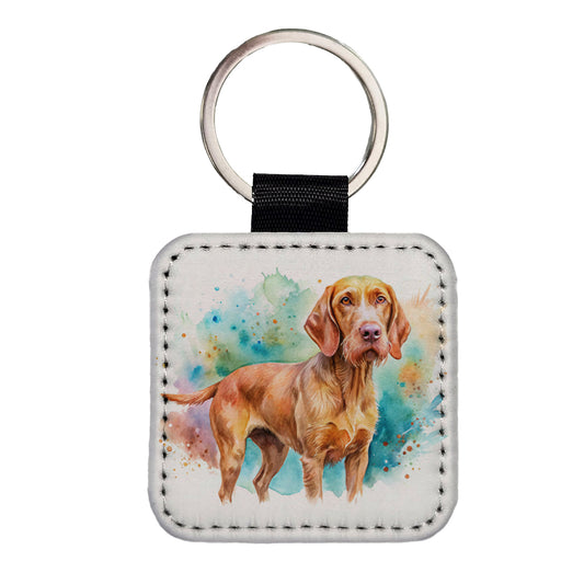 Wirehaired Vizsla Dog Watercolor Style Square Faux Leather Keychain