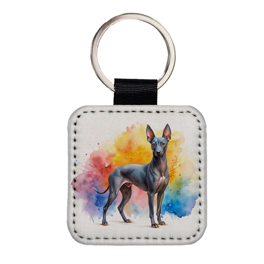 Xoloitzcuintli Xolo Mexican Hairless Dog Watercolor Style Square Faux Leather Keychain