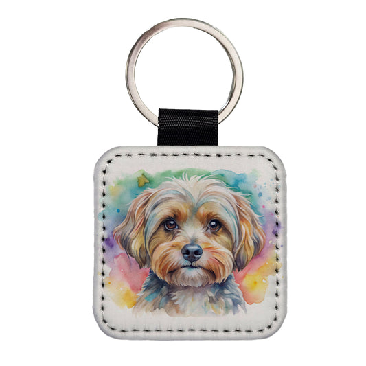Yorkipoo Dog Watercolor Style Square Faux Leather Keychain