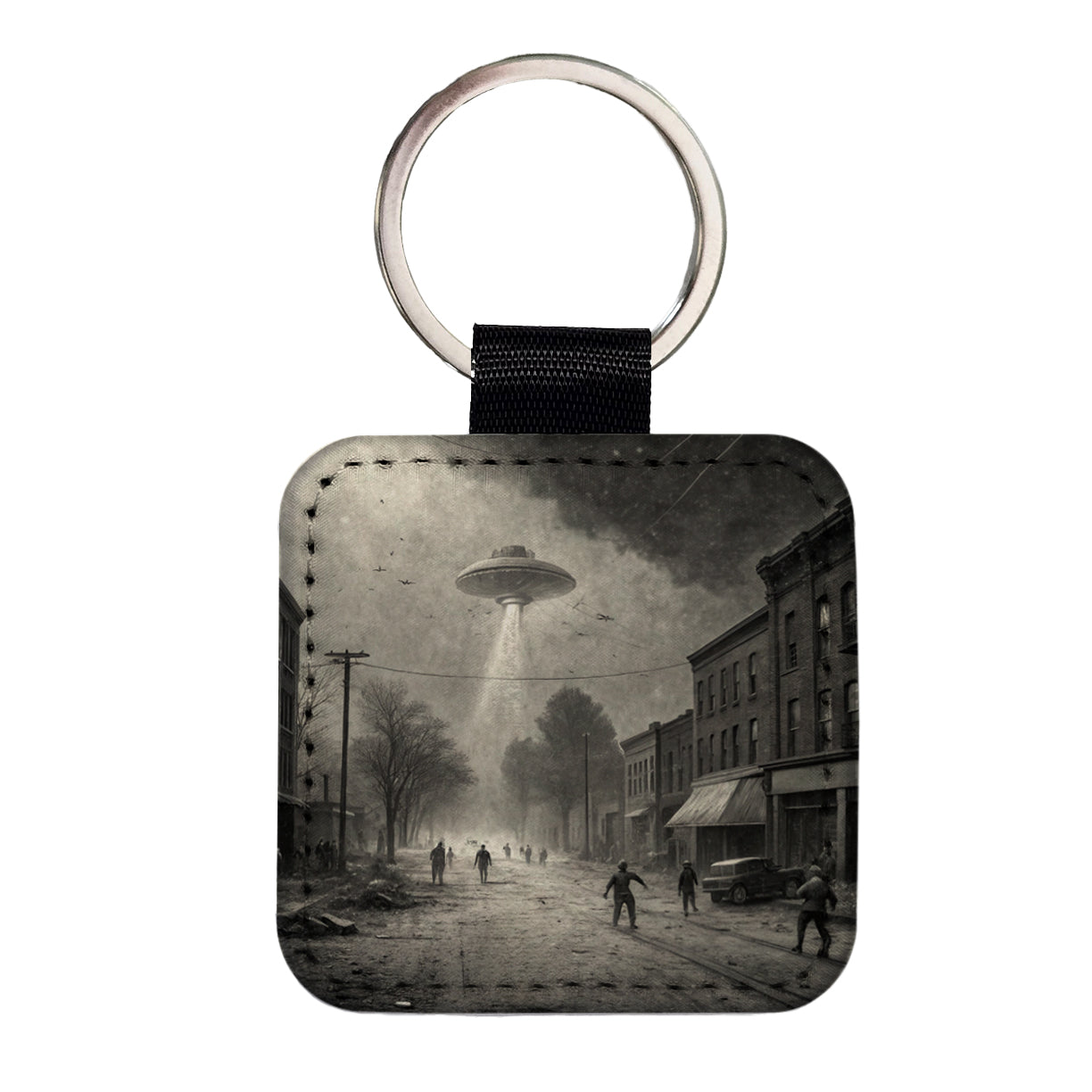 Alien Invasion Found Footage Black and White Square Faux Leather Keychain
