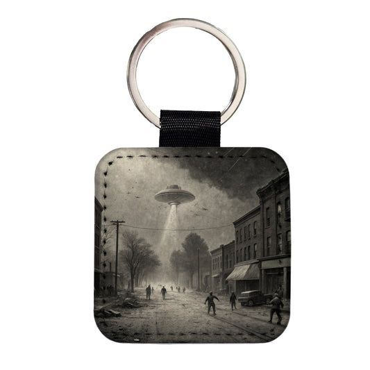 Alien Invasion Found Footage Black and White Square Faux Leather Keychain