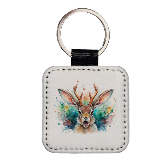 Angry Jackalope Watercolor Square Faux Leather Keychain
