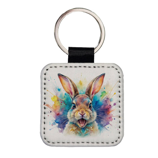 Angry Rabbit Bunny Watercolor Square Faux Leather Keychain