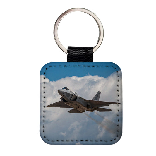 F-22 Raptor In Flight US Air Force Fighter Plane Square Faux Leather Keychain