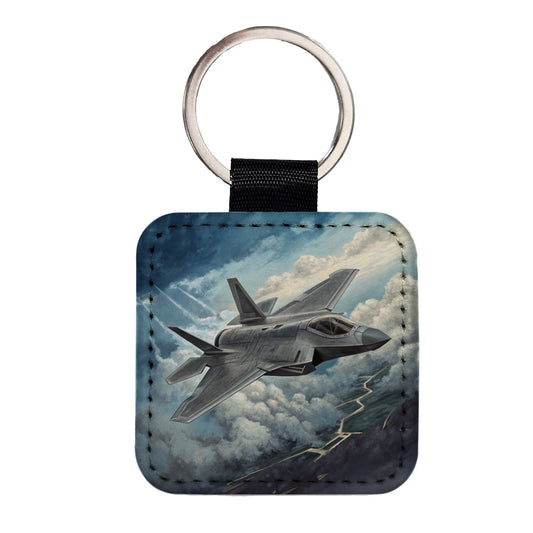 F-35 in Cloudy Sky US Air Force Navy Marines Plane Square Faux Leather Keychain