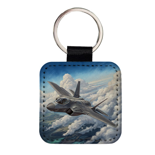 F-35 Lightning II Plane in Flight US Air Force Navy Marines Square Faux Leather Keychain
