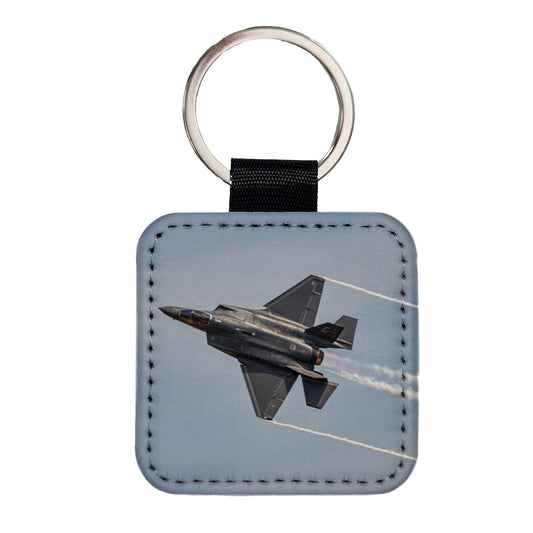 F-35 Plane Afterburners Streaking Through Sky Square Faux Leather Keychain