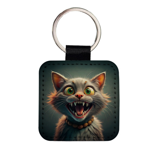 Funny Crazy Cat Square Faux Leather Keychain