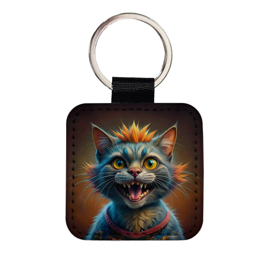 Funny Funky Crazy Cat Square Faux Leather Keychain