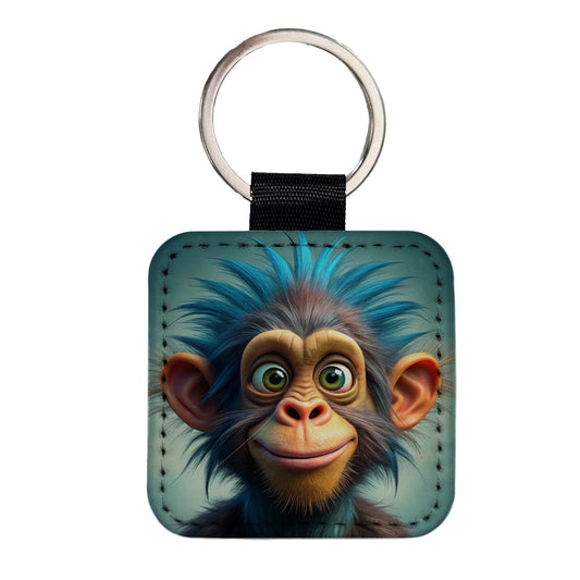 Funny Funky Crazy Monkey Square Faux Leather Keychain