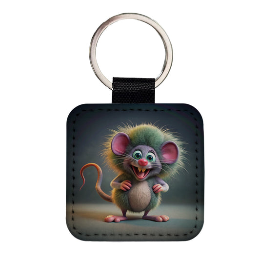 Funny Funky Crazy Mouse Square Faux Leather Keychain