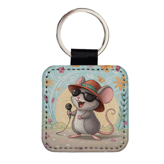 Funny Singing Cool Mouse Square Faux Leather Keychain