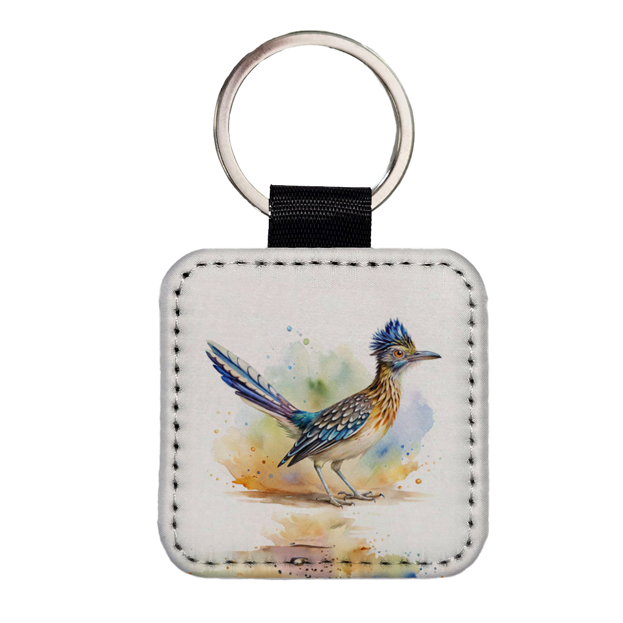 Greater Roadrunner New Mexico State Bird Watercolor Square Faux Leather Keychain