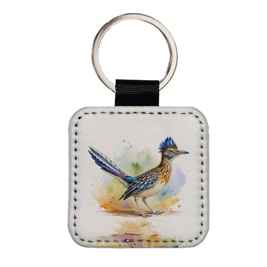 Greater Roadrunner New Mexico State Bird Watercolor Square Faux Leather Keychain