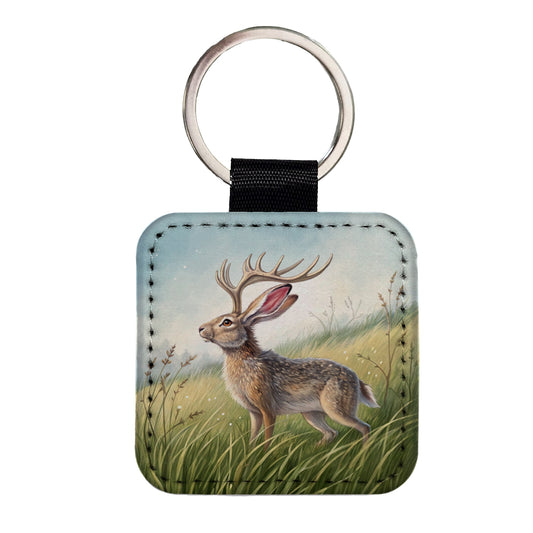 Jackalope Illustration Square Faux Leather Keychain