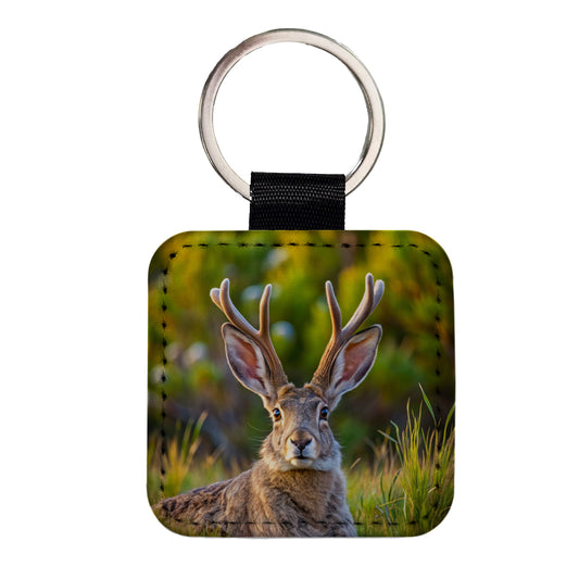 Jackalope In The Wild Square Faux Leather Keychain