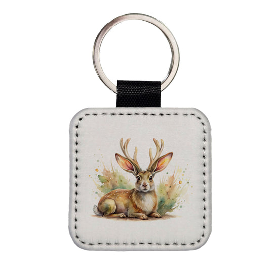Jackalope Watercolor Square Faux Leather Keychain
