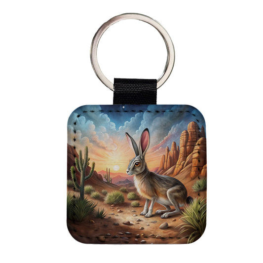 Jackrabbit In Desert Square Faux Leather Keychain