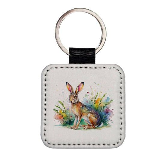 Jackrabbit Watercolor Square Faux Leather Keychain