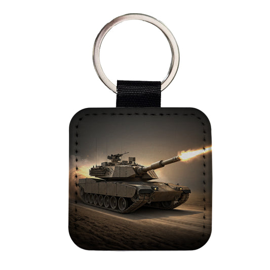 M1 Abrams Tank Firing Main Weapon Square Faux Leather Keychain