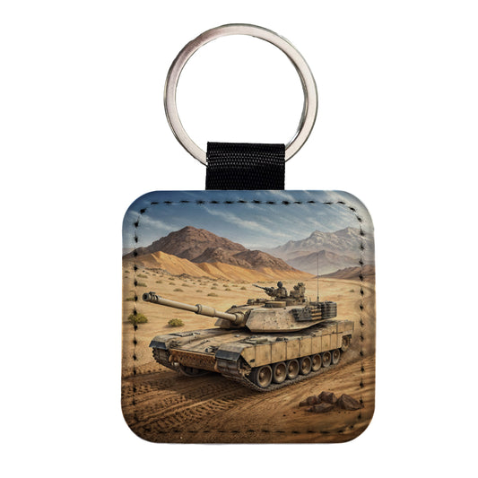 M1 Abrams Tank in the Desert Square Faux Leather Keychain