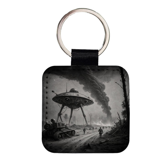 Martian Alien Invasion Tripod War Machine Retro Black and White Square Faux Leather Keychain
