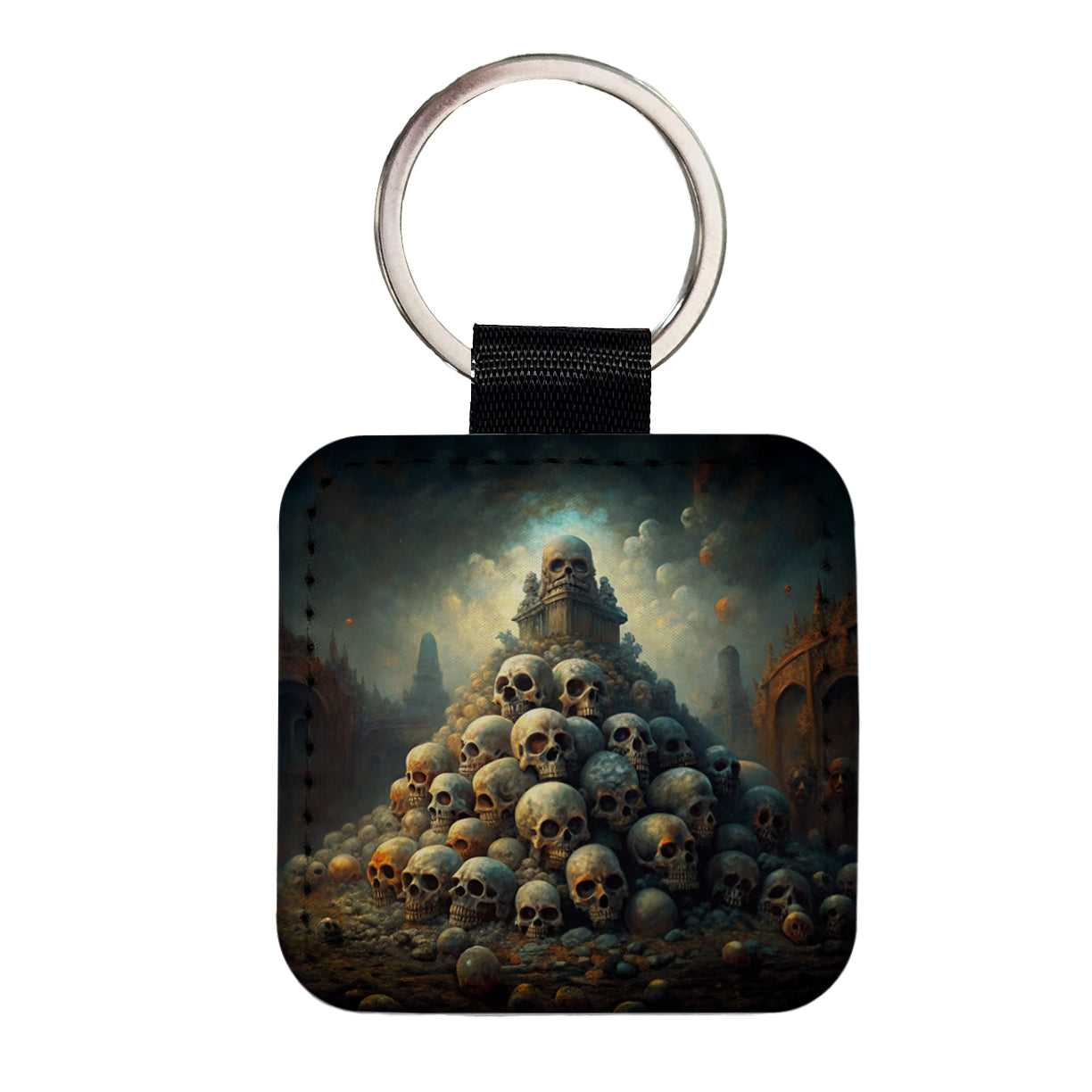 Pile Of Skulls Death Gothic Square Faux Leather Keychain