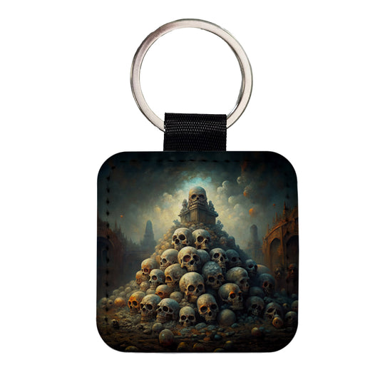 Pile Of Skulls Death Gothic Square Faux Leather Keychain