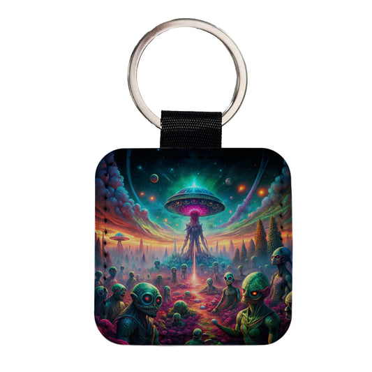Psychedelic Alien Invasion Vibrant Colors Square Faux Leather Keychain