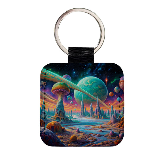 Psychedelic Alien Planet Vibrant Colors Square Faux Leather Keychain