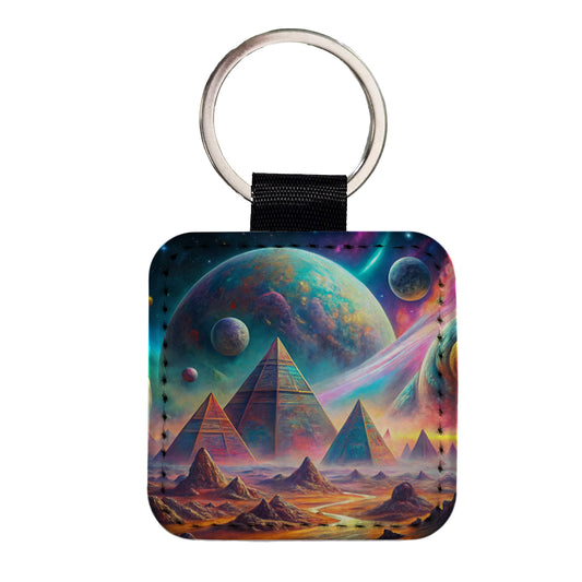 Psychedelic Alien Planet With Pyramids Vibrant Colors Square Faux Leather Keychain