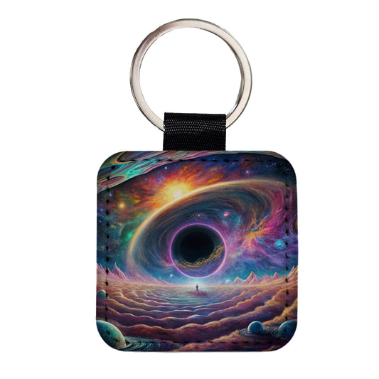 Psychedelic Black Hole Galaxy Space Vibrant Colors Square Faux Leather Keychain