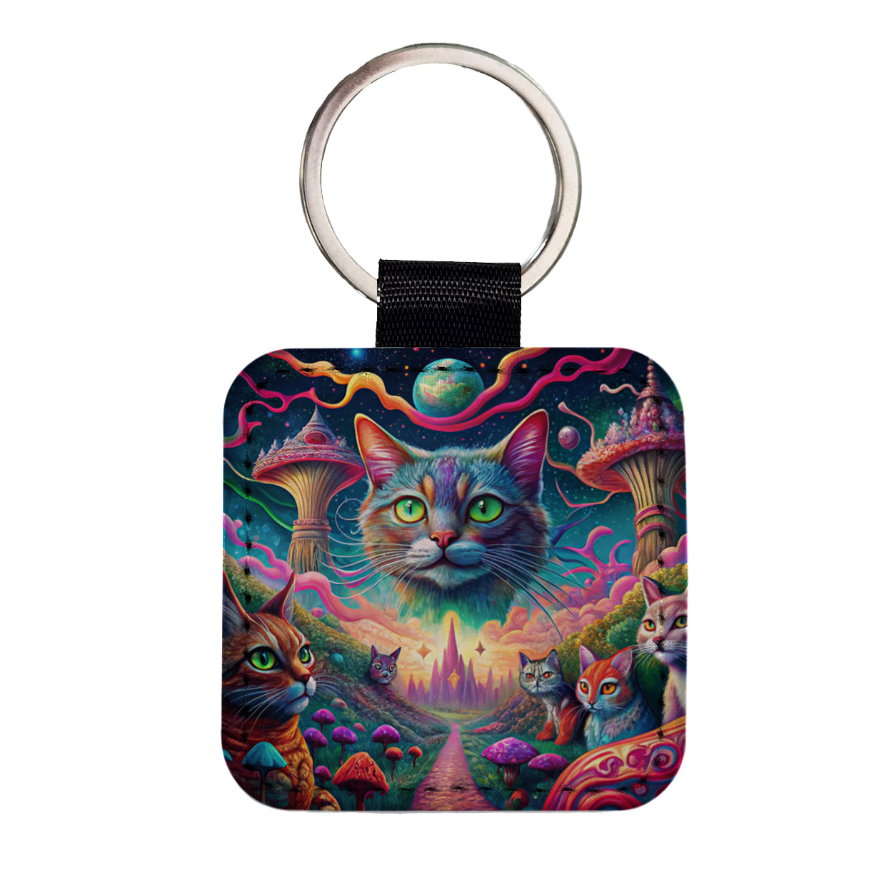 Psychedelic Cats Vibrant Colors Square Faux Leather Keychain