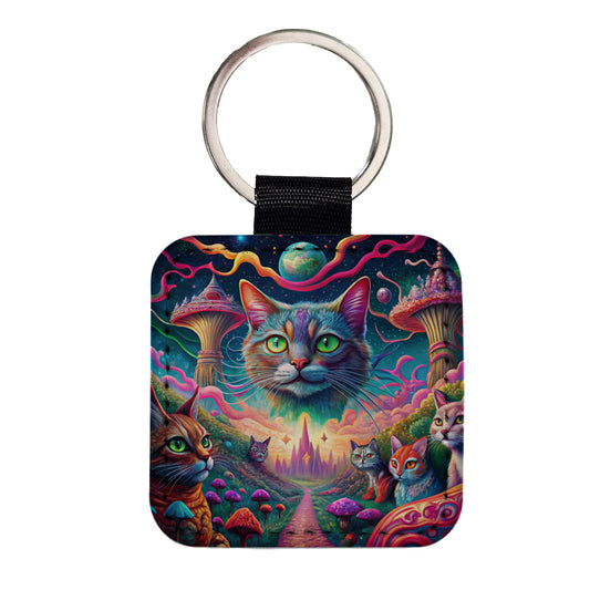 Psychedelic Cats Vibrant Colors Square Faux Leather Keychain