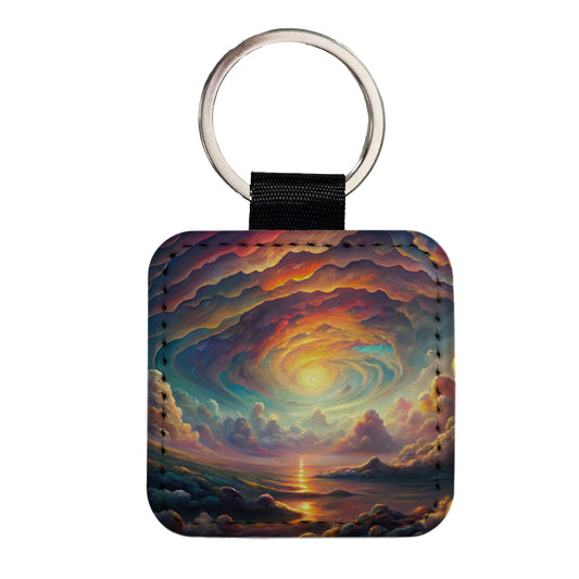 Psychedelic Cloudy Sky Pastel Colors Square Faux Leather Keychain