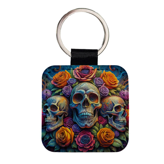 Psychedelic Colorful Skulls And Roses Square Faux Leather Keychain