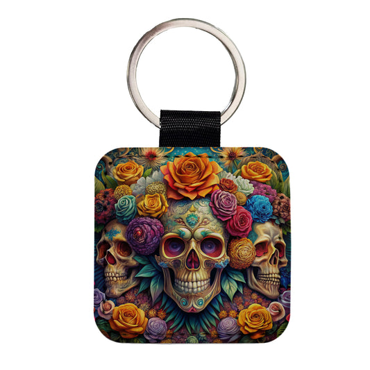 Psychedelic Colorful Skulls Flowers And Roses Square Faux Leather Keychain