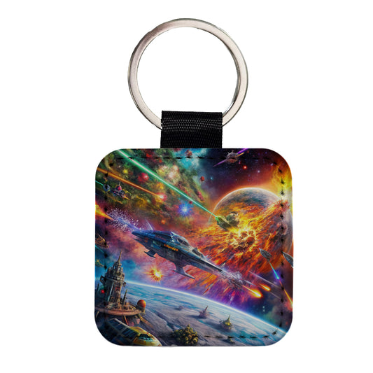 Psychedelic Colorful Space Sci-fi Starship Battle Square Faux Leather Keychain