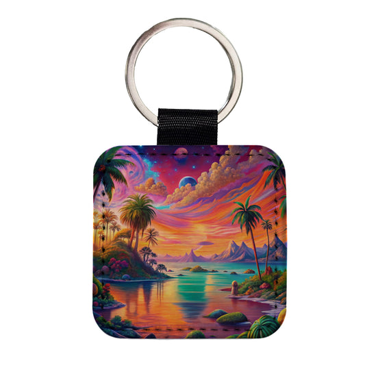 Psychedelic Colorful Tropical Beach Scene Square Faux Leather Keychain