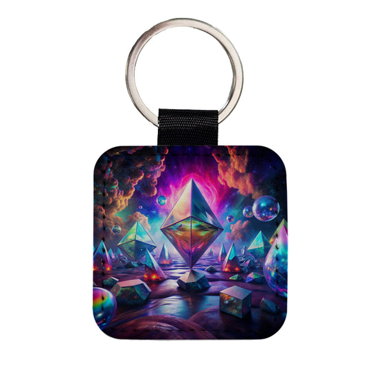 Psychedelic Crystals and Prisms Vibrant Colors Square Faux Leather Keychain