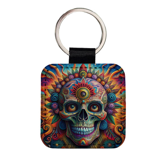 Psychedelic Day of the Dead Skull Vibrant Colors Square Faux Leather Keychain