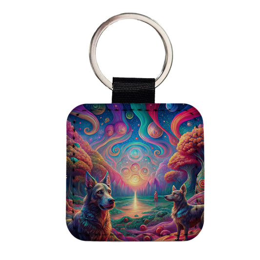 Psychedelic Dogs Vibrant Colors Square Faux Leather Keychain
