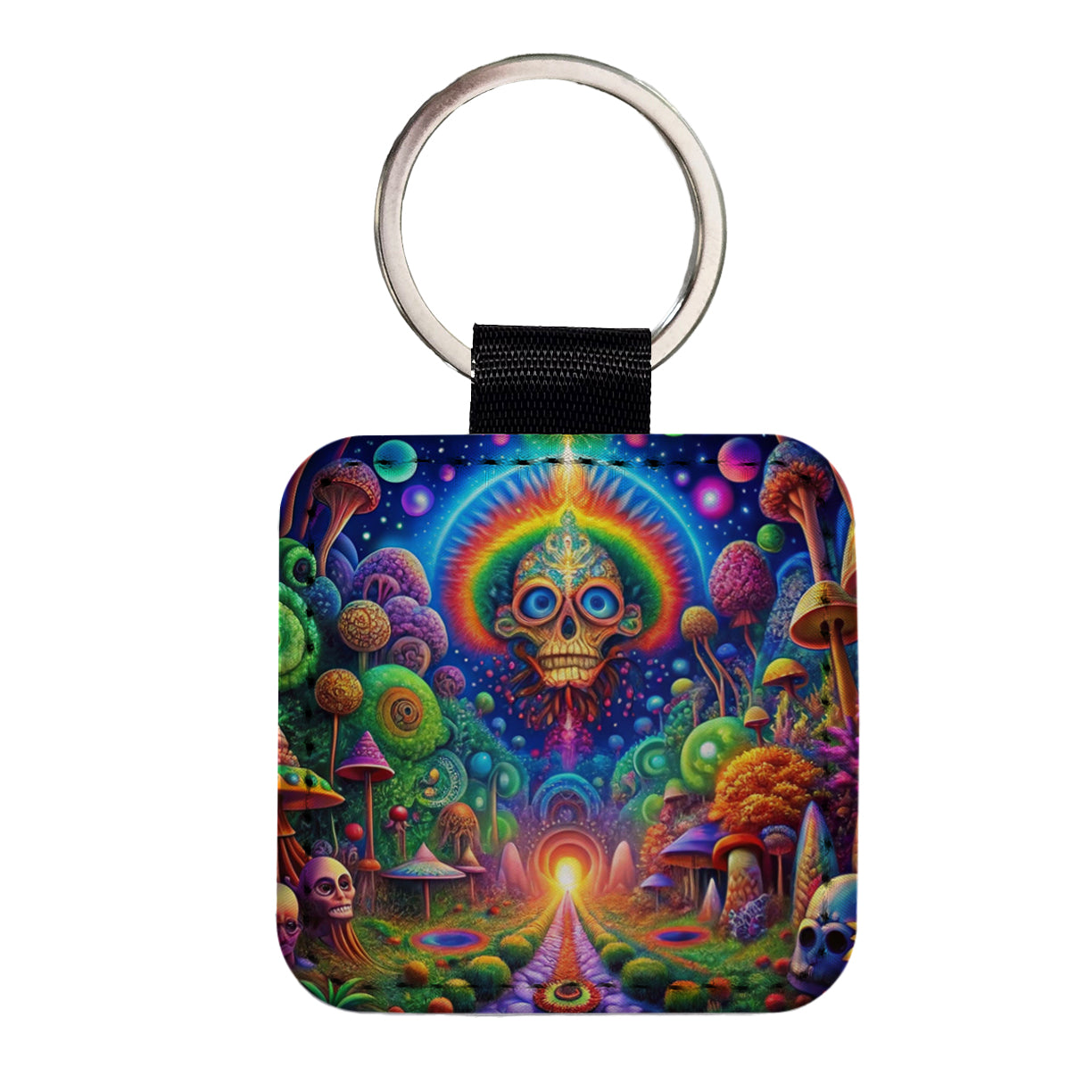 Psychedelic Fantasy Crazy Colorful Scene Square Faux Leather Keychain
