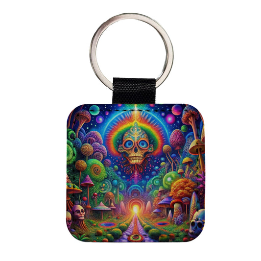 Psychedelic Fantasy Crazy Colorful Scene Square Faux Leather Keychain