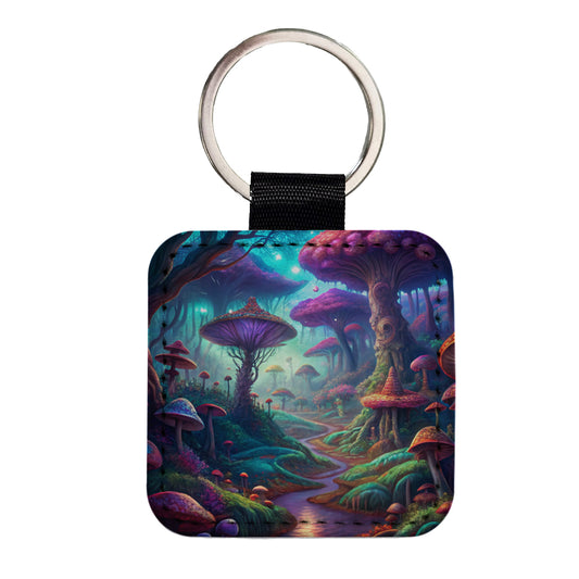 Psychedelic Fantasy Forest Vibrant Colors Square Faux Leather Keychain