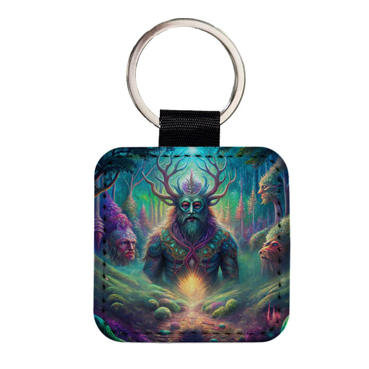 Psychedelic Forest Spirits Vibrant Colors Square Faux Leather Keychain
