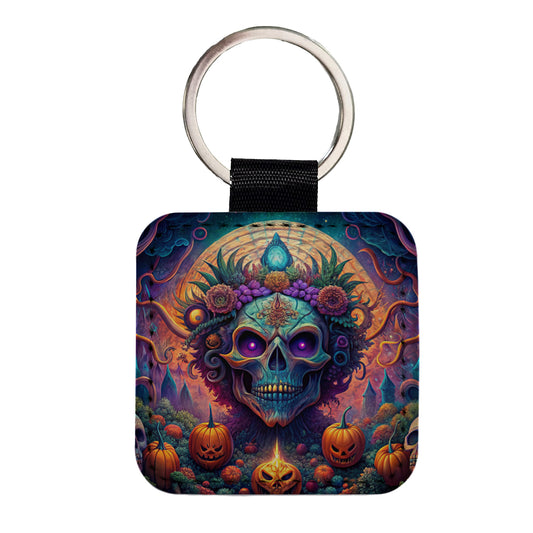 Psychedelic Halloween Skulls Pumpkins Vibrant Colors Square Faux Leather Keychain