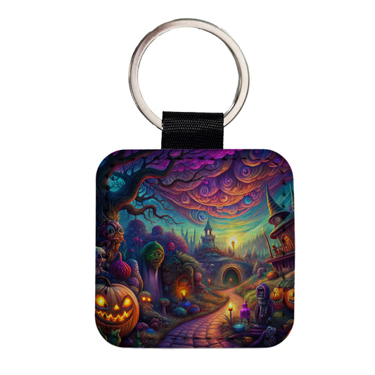 Psychedelic Halloween Town Scene Vibrant Colors Square Faux Leather Keychain
