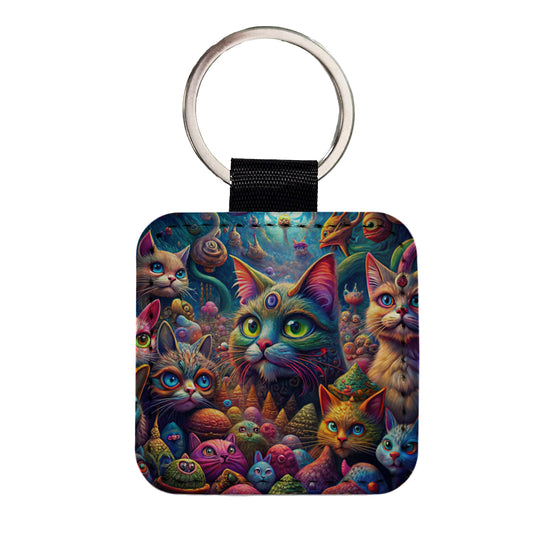 Psychedelic Lots of Cats Vibrant Colors Square Faux Leather Keychain