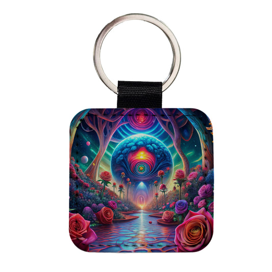 Psychedelic Lots of Colorful Roses Design Square Faux Leather Keychain